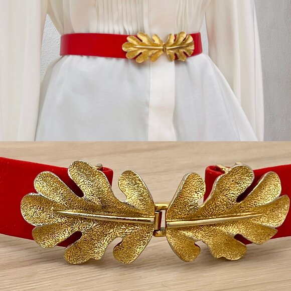 Vintage Faux Red Leather Adjustable Cinch Belt with Gold Leaf Buckle (35” max) - Picture 1 of 16